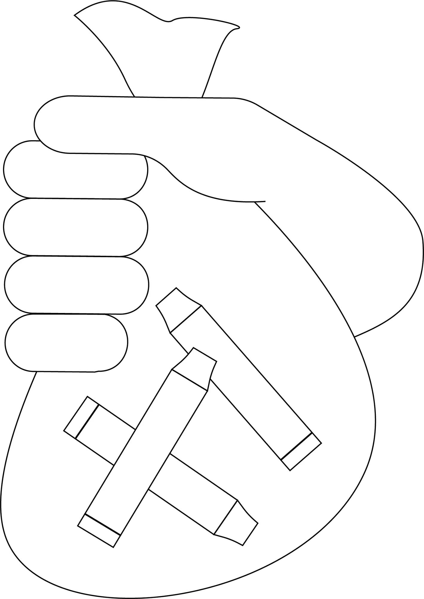 Outline of a hand holding a bag with a cross on a white background